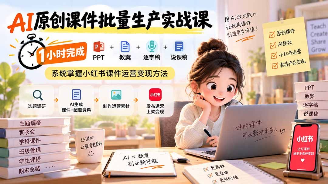 AI原创课件批量生产实战课：1小时完成PPT+教案+逐字稿+说课稿，系统掌握小红书课件运营变现方法-985网创