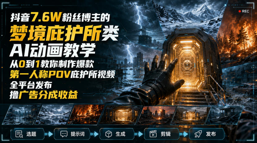 抖音7.6W粉丝博主的梦境庇护所类AI动画教学，从0到1教你制作爆款第一人称POV庇护所视频，全平台发布撸广告分成收益-985网创