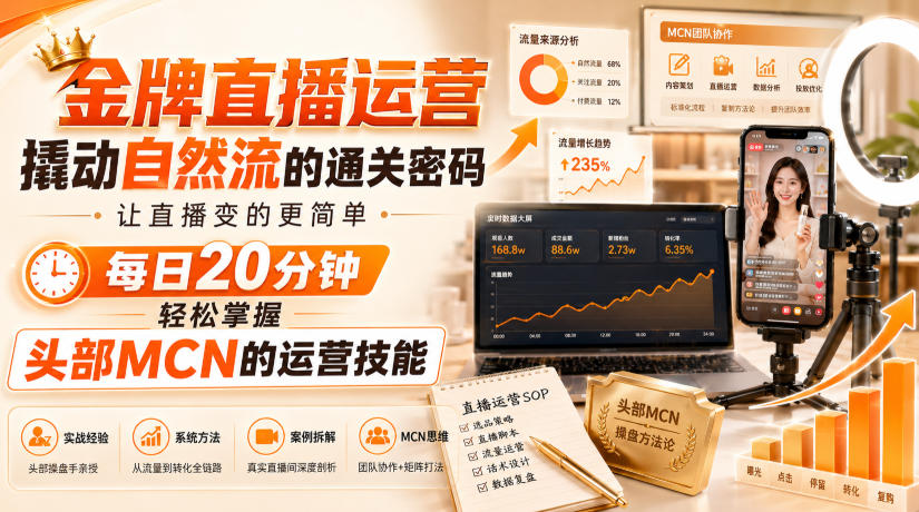 金牌直播运营撬动自然流的通关密码，让直播变的更简单，每日20分钟，轻松掌握头部MCN的运营技能-985网创