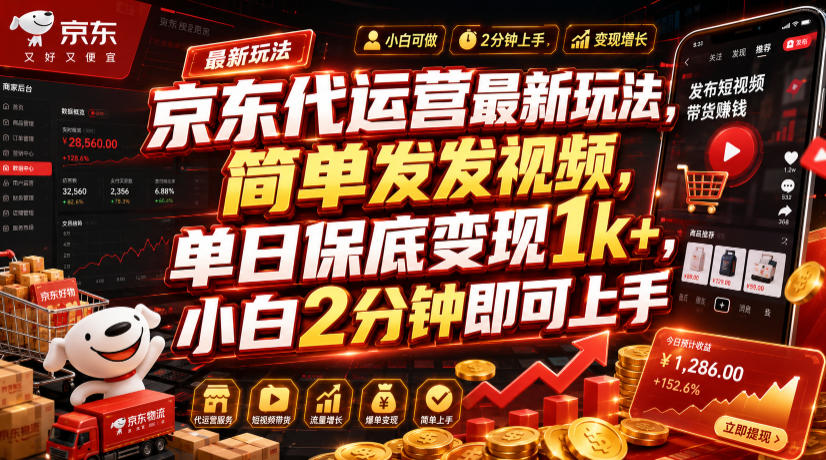 京东代运营最新玩法，简单发发视频，单日保底变现1k+，小白2分钟即可上手【揭秘】-985网创