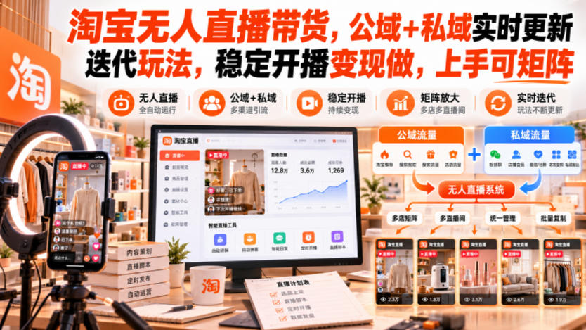 淘宝无人直播带货，公域+私域实时更新迭代玩法，稳定开播变现做，上手可矩阵【揭秘】-985网创
