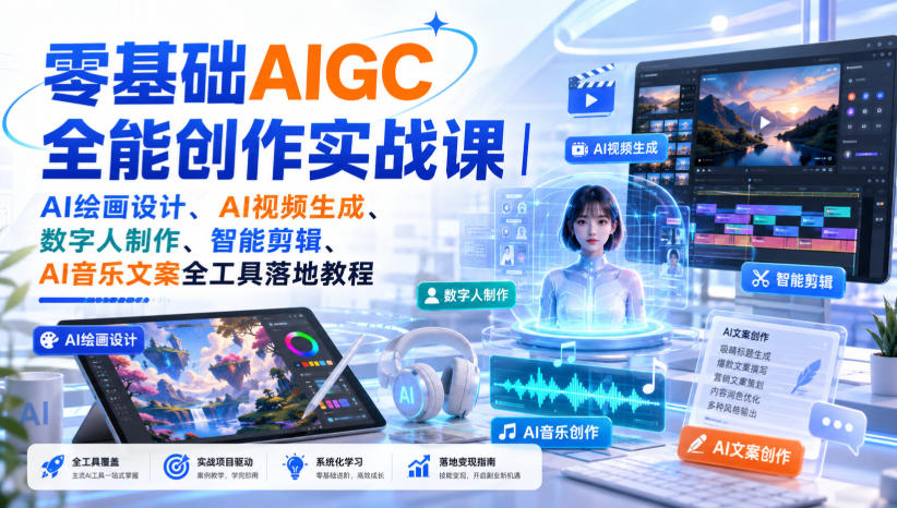 零基础AIGC全能创作实战课｜AI绘画设计、AI视频生成、数字人制作、智能剪辑、AI音乐文案全工具落地教程-985网创