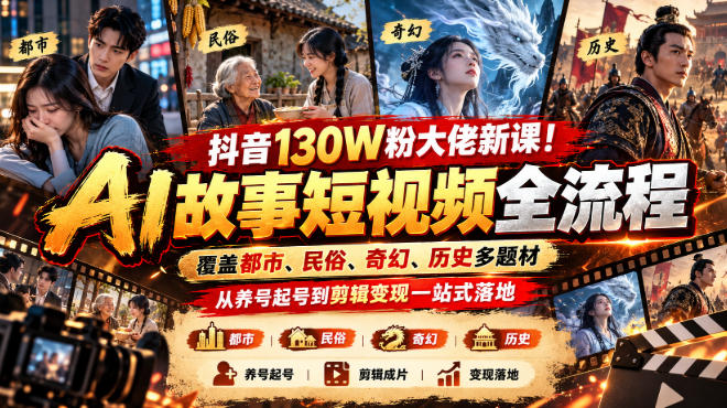 抖音130W粉大佬新课！AI故事短视频全流程，覆盖都市、民俗、奇幻、历史多题材，从养号起号到剪辑变现一站式落地-985网创