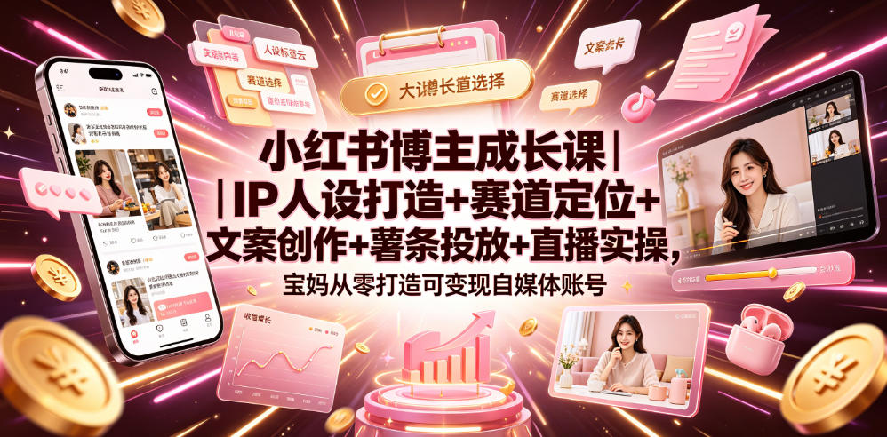 小红书博主成长课｜IP人设打造+赛道定位+文案创作+薯条投放+直播实操，宝妈从零打造可变现自媒体账号-985网创