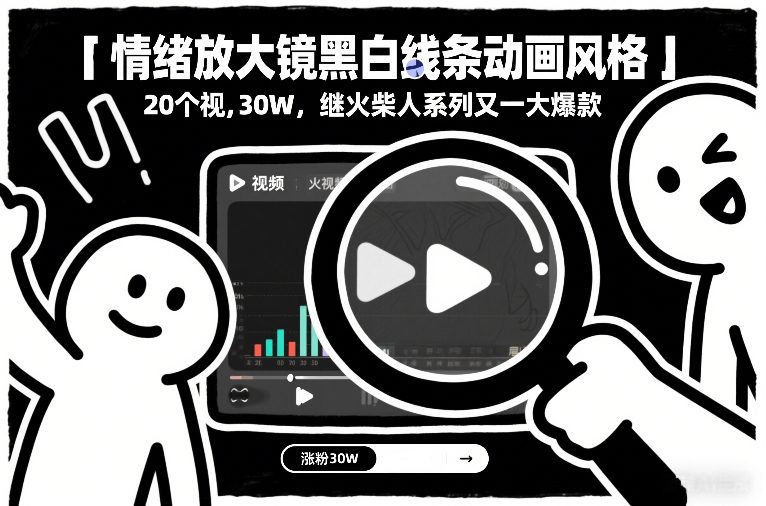 情绪放大镜黑白线条动画风格，20个视频，涨粉30W，继火柴人系列又一大爆款-985网创
