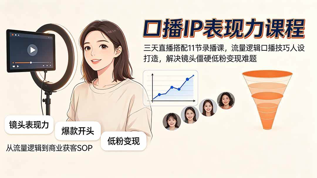 （19604期）口播IP表现力课程｜三天直播搭配11节录播课，流量逻辑口播技巧人设打造，解决镜头僵硬低粉变现难题-985网创