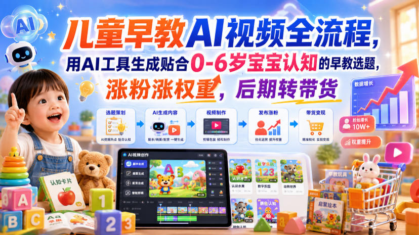 儿童早教AI视频全流程，用AI工具生成贴合0-6岁宝宝认知的早教选题，涨粉涨权重，后期转带货-985网创