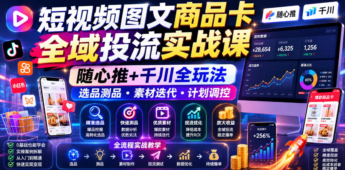 短视频图文商品卡全域投流实战课，随心推+千川全玩法，选品测品・素材迭代・计划调控，提升ROI爆单增收教程-985网创