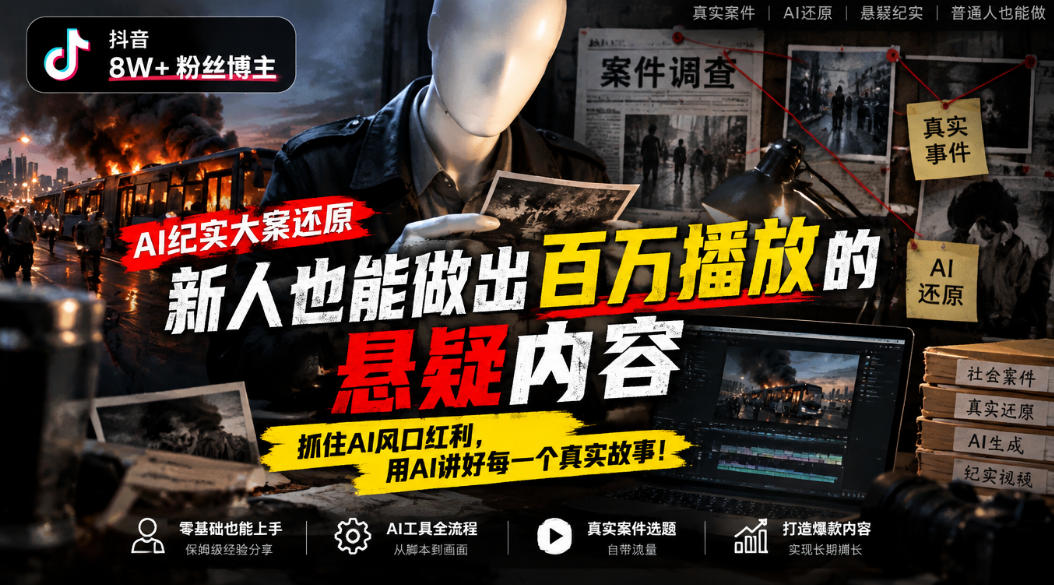 抖音8W粉丝博主的AI纪实大案还原教学，新人也能做出百W播放的悬疑内容，抓住AI风口红利，用AI讲好每一个真实故事-985网创