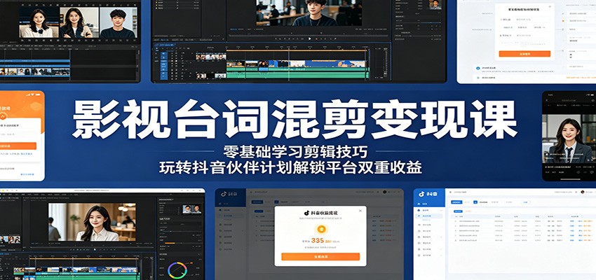 影视台词混剪变现课：零基础学习剪辑技巧，玩转抖音伙伴计划解锁平台双重收益-985网创