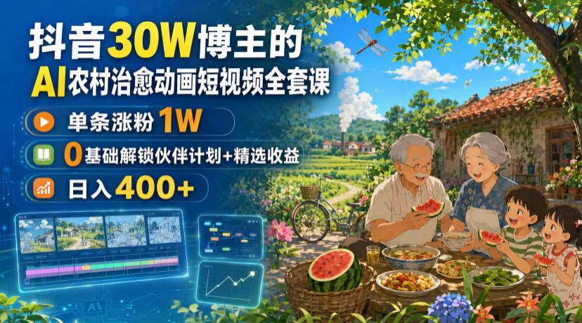 抖音30W博主的AI农村治愈动画短视频全套课｜单条涨粉1W，0基础解锁伙伴计划+精选收益，日入400+-985网创