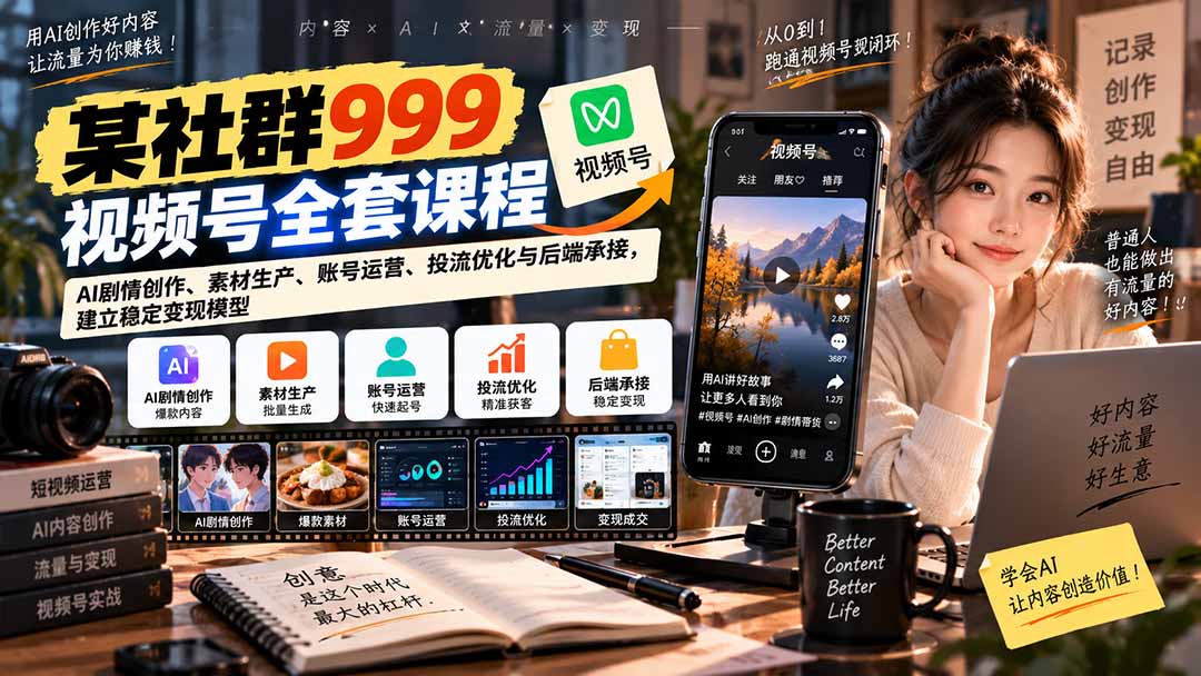 【无水印】某社群999视频号全套课程：AI剧情创作、素材生产、账号运营、投流优化与后端承接，建立稳定变现模型-985网创