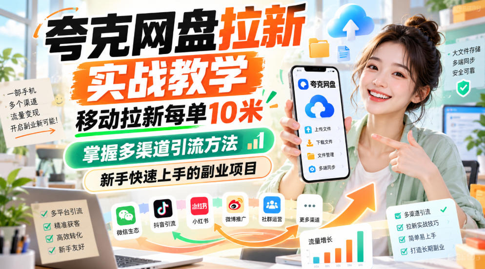 夸克网盘拉新实战教学，移动拉新每单10米，掌握多渠道引流方法，新手快速上手的副业项目(更新1017)-985网创