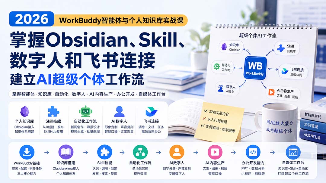 2026 WorkBuddy智能体与个人知识库实战课：掌握Obsidian、Skill、数字人和飞书连接，建立AI超级个体工作流-985网创