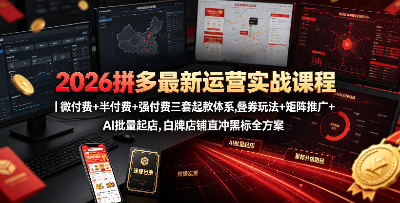2026拼多多最新运营实战课程｜微付费+半付费+强付费三套起款体系，叠券玩法+矩阵推广+AI批量起店，白牌店铺直冲黑标全方案-985网创