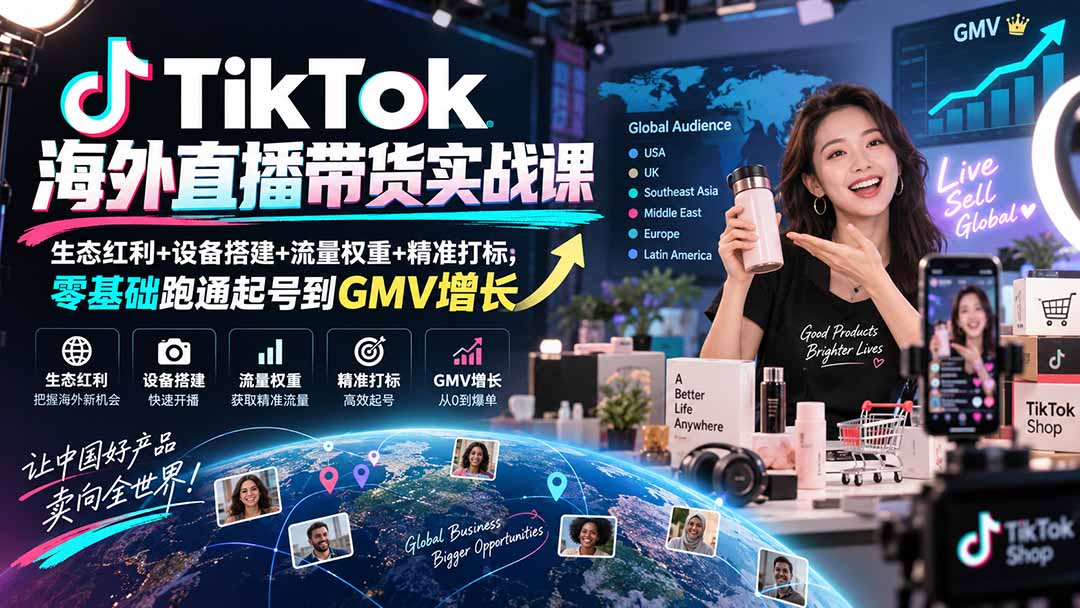 TikTok海外直播带货实战课｜生态红利+设备搭建+流量权重+精准打标，零基础跑通起号到GMV增长-985网创