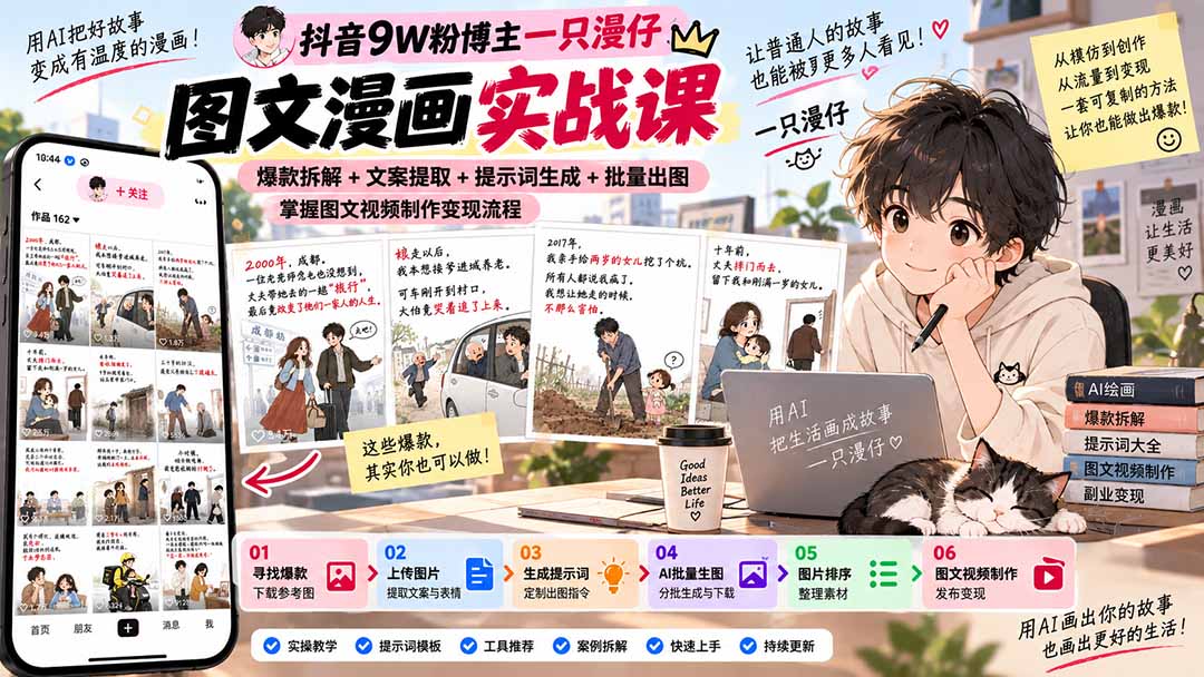 抖音9W粉博主一只漫仔图文漫画课：爆款拆解+文案提取+提示词生成+批量出图，掌握图文视频制作变现流程-985网创