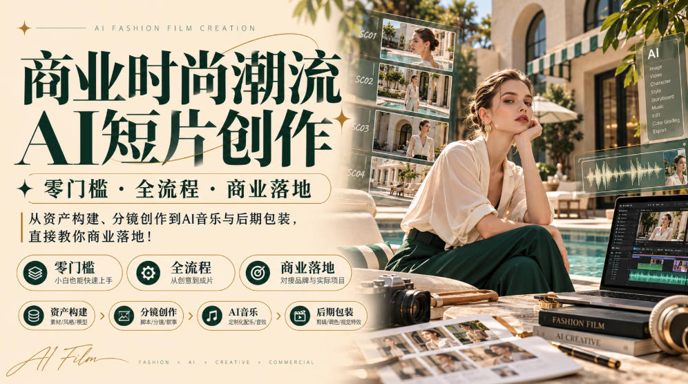 商业时尚潮流AI短片创作｜零门槛・全流程・商业落地，从资产构建、分镜创作到AI音乐与后期包装，直接教你商业落地！-985网创