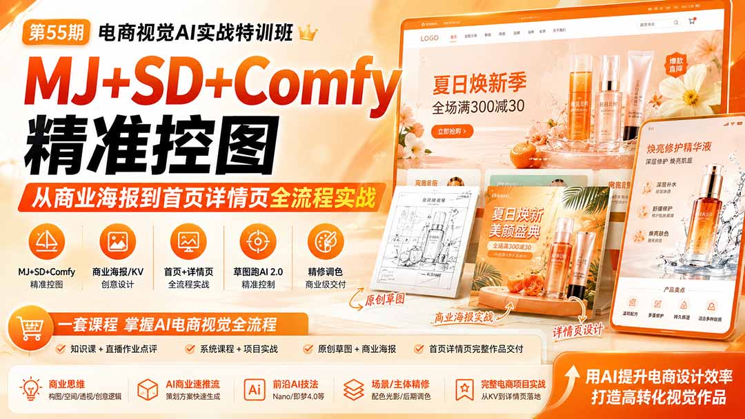 电商视觉 AI实战训练营第55期：MJ+SD+Comfy精准控图，从商业海报到首页详情页全流程实战-985网创