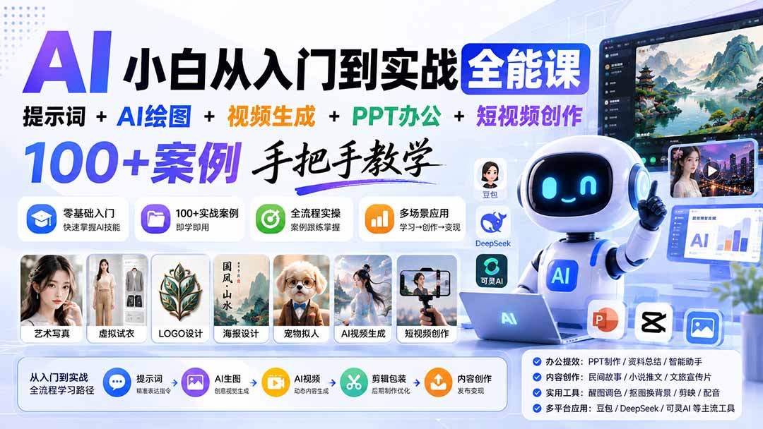 AI小白从入门到实战全能课：提示词+AI绘图+视频生成+PPT办公+短视频创作，100+案例手把手教学-985网创