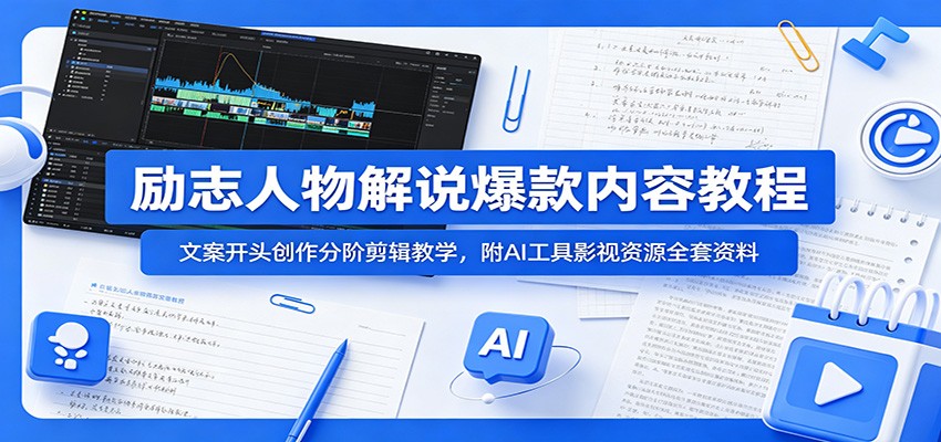 励志人物解说爆款内容教程：文案开头创作分阶剪辑教学，附AI 工具影视资源全套资料-985网创