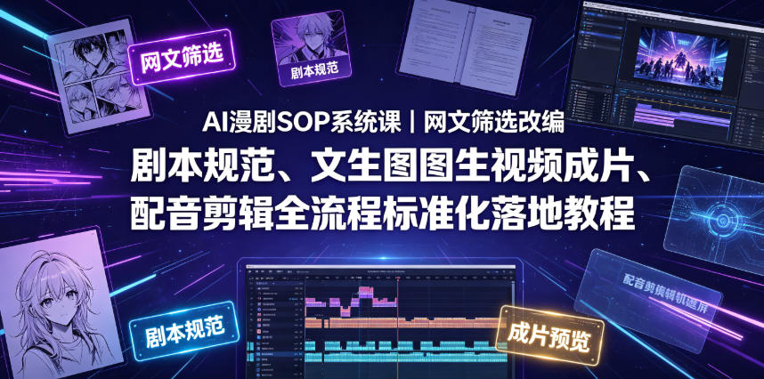 AI漫剧SOP系统课｜网文筛选改编、剧本规范、文生图图生视频成片、配音剪辑全流程标准化落地教程-985网创