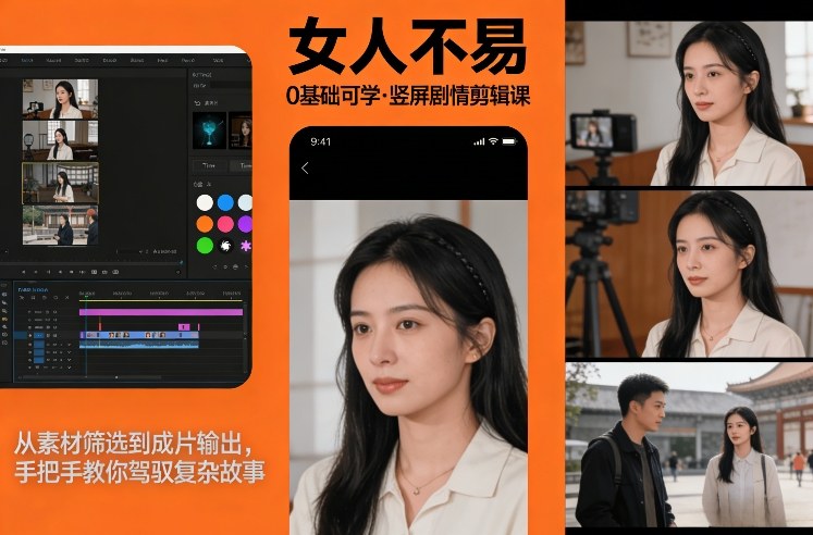 0基础可学！《女人不易》竖屏剧情剪辑课，从素材筛选到成片输出，手把手教你驾驭复杂故事-985网创