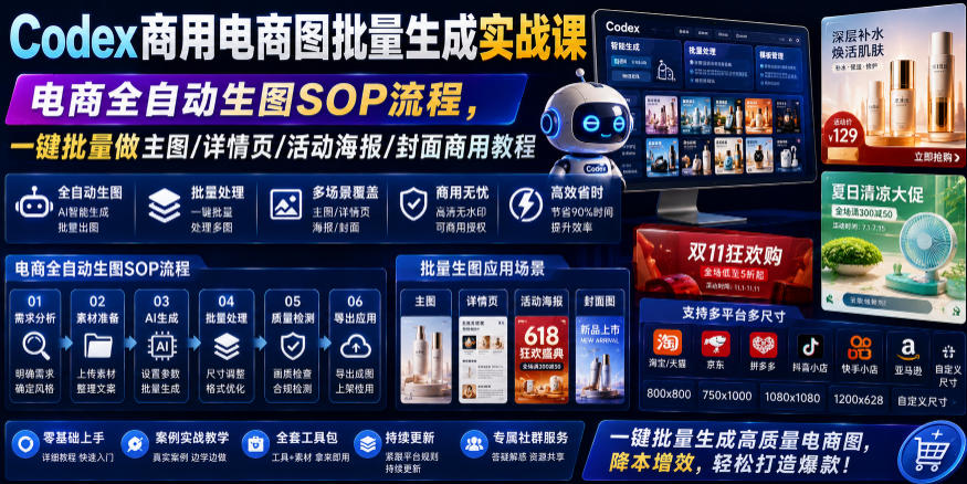 Codex商用电商图批量生成实战课｜电商全自动生图SOP流程，一键批量做主图/详情页/活动海报/封面商用教程-985网创