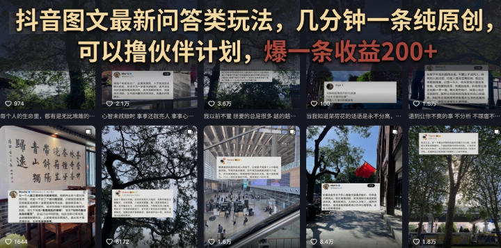 抖音图文最新问答类玩法，几分钟一条纯原创，可以撸伙伴计划，爆一条收益200+-985网创