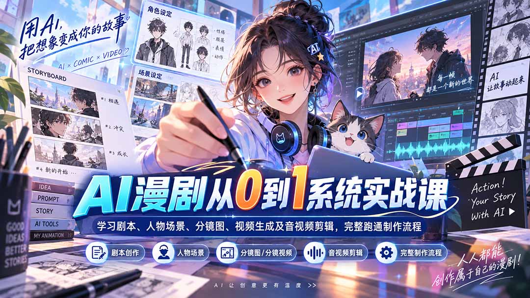 AI漫剧从0到1系统实战课：学习剧本、人物场景、分镜图、视频生成及音视频剪辑，完整跑通制作流程-985网创