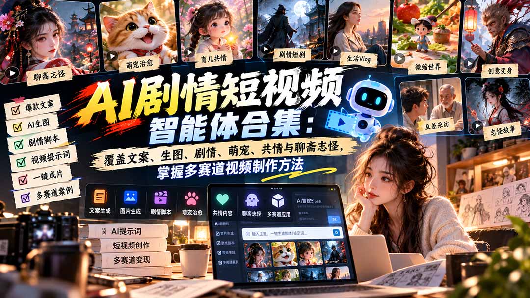 【无水印】AI剧情短视频智能体合集：覆盖文案、生图、剧情、萌宠、共情与聊斋志怪，掌握多赛道视频制作方法-985网创