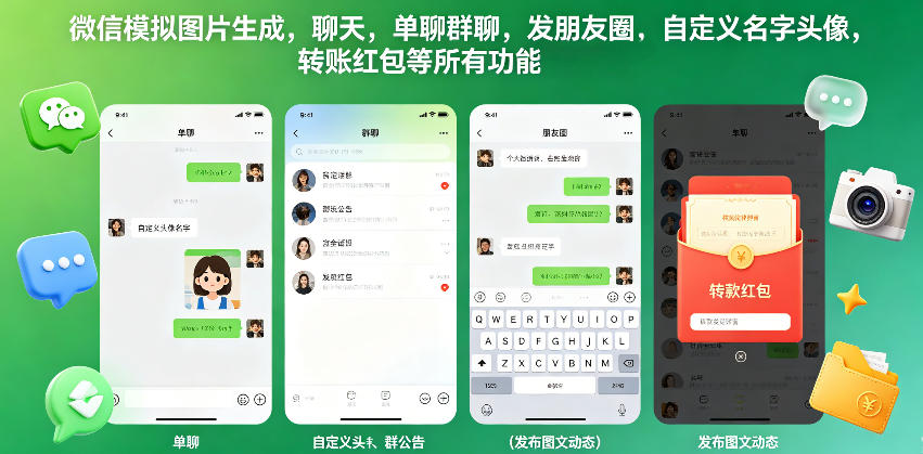 微信模拟图片生成，聊天，单聊群聊，发朋友圈，自定义名字头像，转账红包等所有功能都可以生成-985网创
