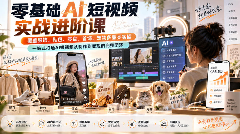 零基础AI短视频实战进阶课，覆盖服饰、鞋包、零食、首饰、宠物多品类实操，一站式打通AI短视频从制作到变现的完整闭环-985网创