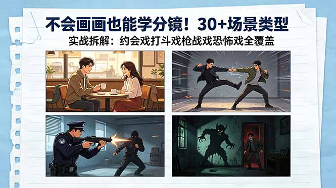 不会画画也能学分镜！30+场景类型实战拆解：约会戏打斗戏枪战戏恐怖戏全覆盖-985网创