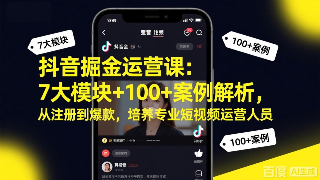 抖音掘金运营课：7大模块+100+案例解析，从注册到爆款，培养专业短视频运营人员-985网创