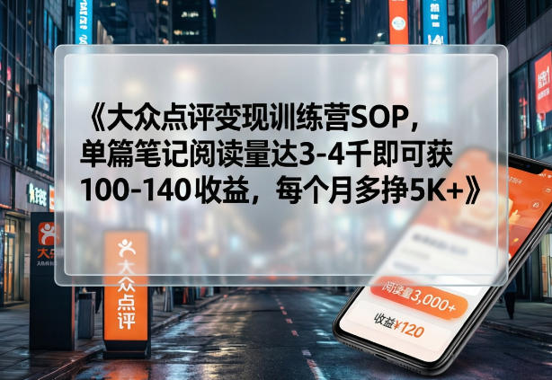 大众点评变现训练营SOP，单篇笔记阅读量达3-4千即可获100-140收益，每个月多挣5K+-985网创