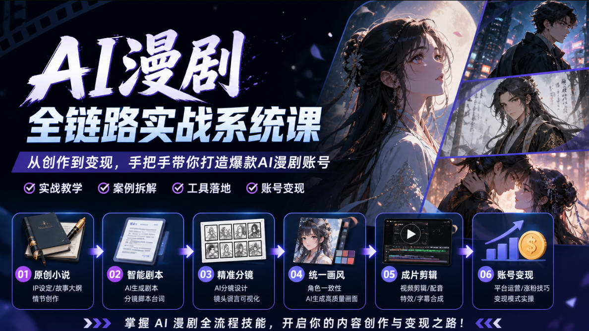 AI漫剧全链路实战系统课｜原创小说、智能剧本、精准分镜、统一画风、成片剪辑、账号变现实操教学(更新1018)-985网创