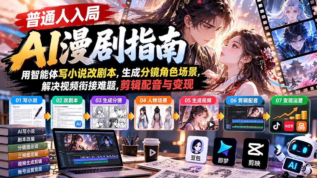 【无水印】普通人入局AI漫剧指南：用智能体写小说改剧本，生成分镜角色场景，解决视频衔接难题，剪辑配音与变现-985网创