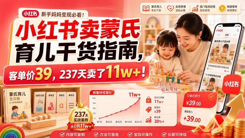 小红书卖蒙氏育儿干货指南，客单价39，237天卖了11w+！-985网创