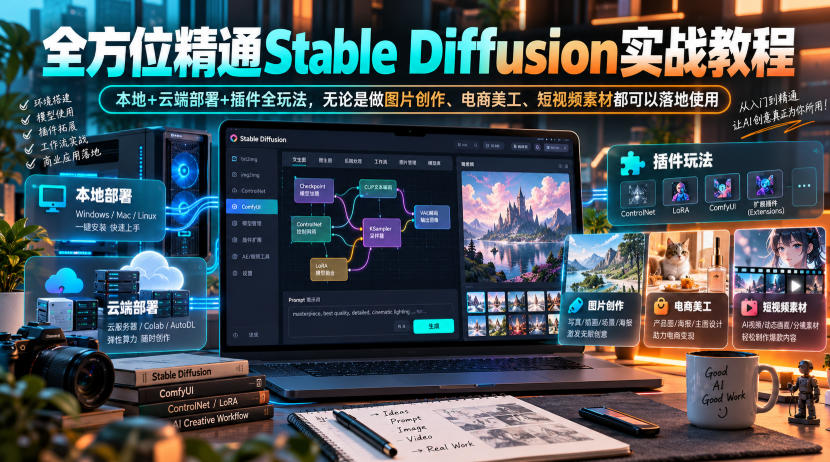 全方位精通Stable Diffusion实战教程｜本地+云端部署+插件全玩法，无论是做图片创作、电商美工、短视频素材都可以落地使用-985网创
