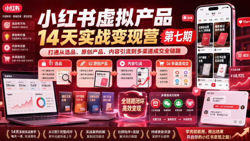 小红书虚拟产品14天实战变现营第七期，打通从选品、原创产品、内容引流到多渠道成交全链路-985网创