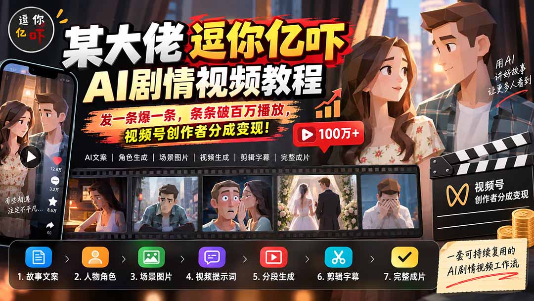 某大佬逗你亿吓AI低模剧情视频制作教程：发一条爆一条，条条破百万播放，利用视频号创作者分成变现!-985网创