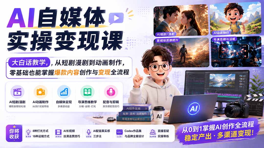 AI自媒体实操变现课｜大白话教学，从短剧漫剧到动画制作，零基础也能掌握爆款内容创作与变现全流程-985网创