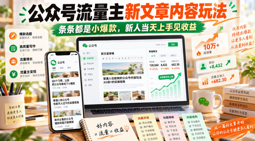 公众号流量主新文章内容玩法，条条都是小爆款，新人当天上手见收益-985网创