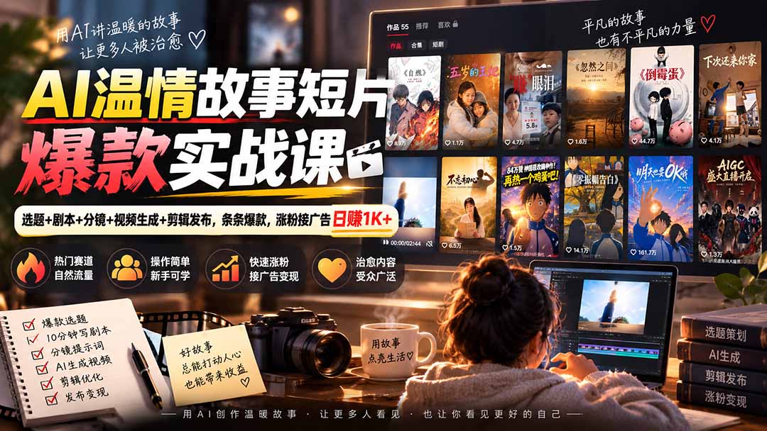 AI温情故事短片爆款实战课-更新｜选题+剧本+分镜+视频生成+剪辑发布，条条爆款，涨粉接广告日赚1K+-985网创