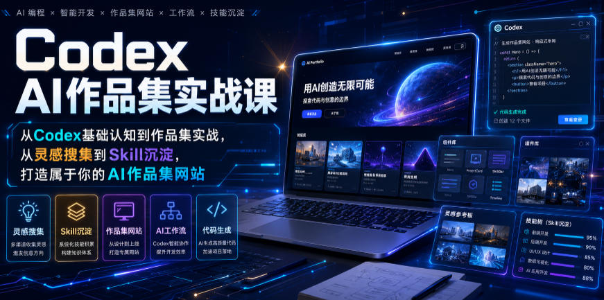 Codex AI作品集实战课，从Codex基础认知到作品集实战，从灵感搜集到Skill沉淀，打造属于你的AI作品集网站-985网创