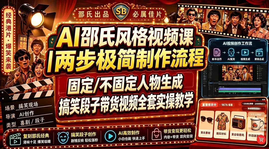 （19602期）AI邵氏风格视频课｜两步极简制作流程，固定/不固定人物生成，搞笑段子带货视频全套实操教学-985网创