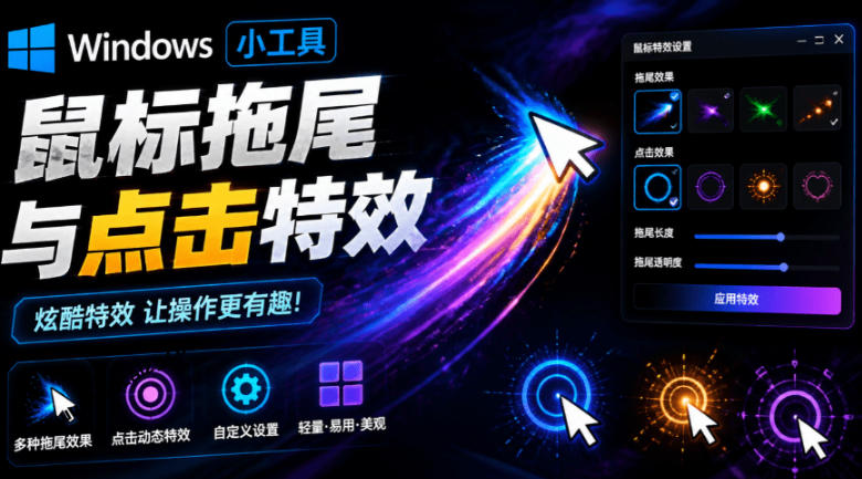 Windows特效小工具！一键给你的鼠标添加拖尾与点击动态特效，吾爱出品，免费使用Mouse Trail-985网创