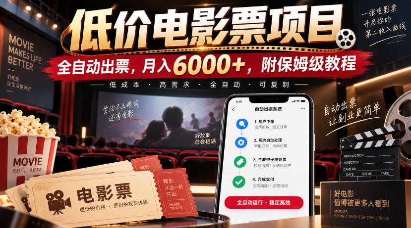 低价电影票项目，全自动出票，月入6000+，附保姆级教程【揭秘】-985网创