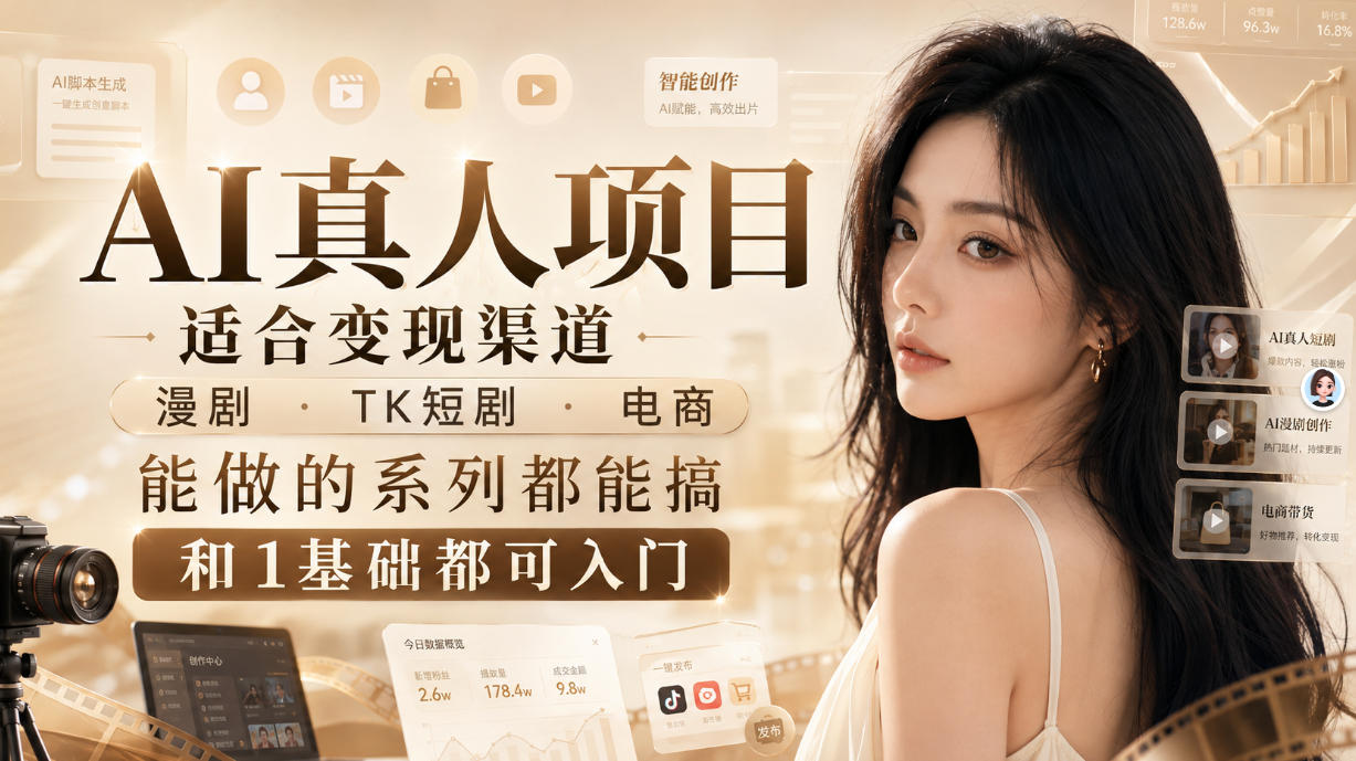 AI真人项目，适合变现渠道，漫剧，TK短剧，电商，能做的系列都能搞，0和1基础都可入门-985网创